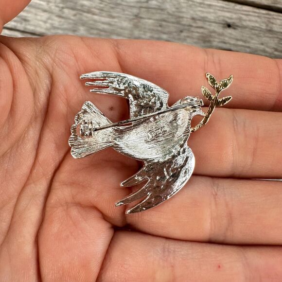 Vintage Jewelry Dove with Olive Branch Brooch Religious olive Branch Pin Brooch - Picture 2 of 3